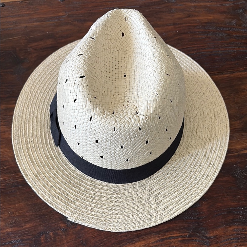 Anthropologie Hat Cream Perforated Hat with Chic Black Bow Band